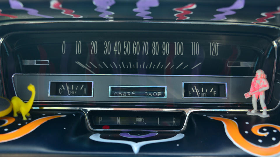 A detail of the dashboard in artist Kenny Scharf’s reimagined 1960 Cadillac Coupe De Ville.