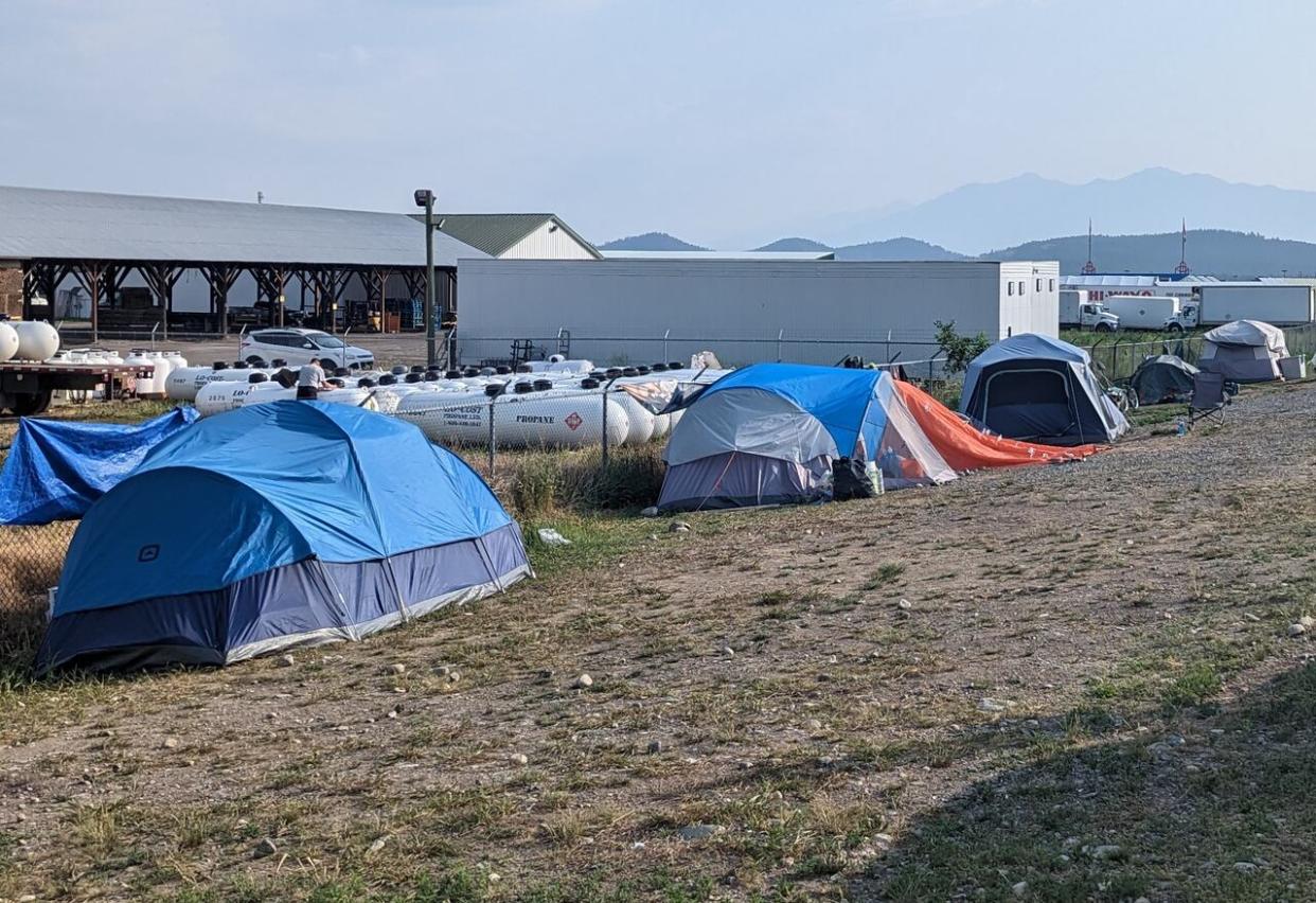 Pictured are tents on Ridgeview Road in Cranbrook, B.C., where people experiencing homelessness have been taking shelter. A proposed new bylaw looks to allow for tents and temporary structures on public land to be taken down during the day.  (City of Cranbrook - image credit)