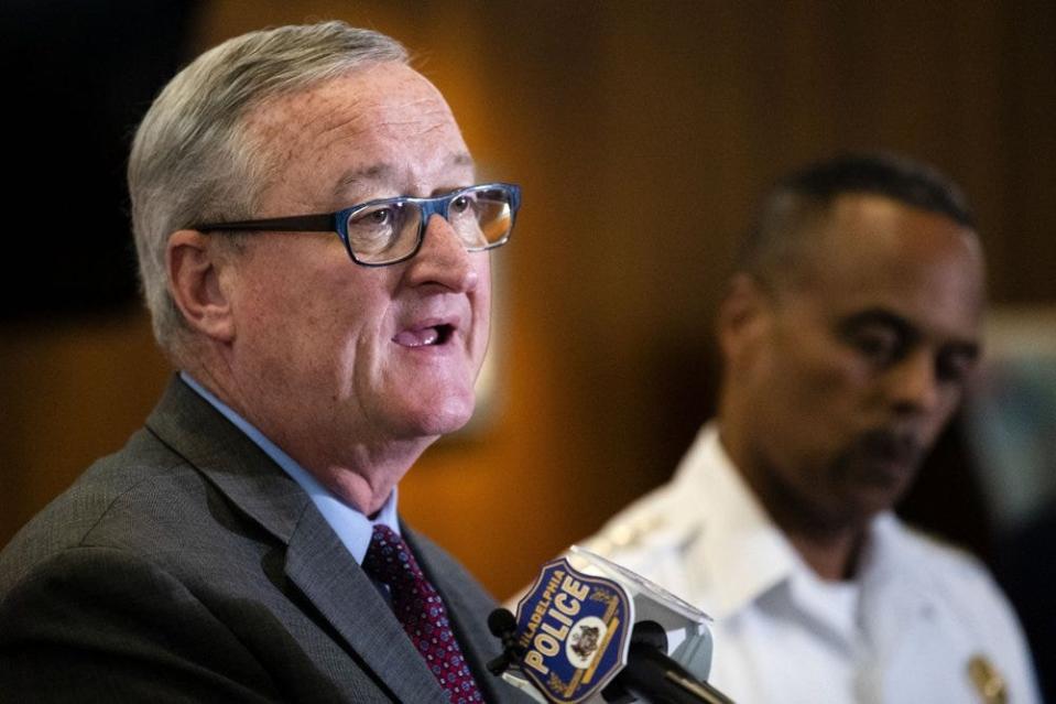 Philadelphia Mayor Jim Kenney, accompanied by Police Commissioner Richard Ross speak during a news conference in Philadelphia, Thursday, July 18, 2019.