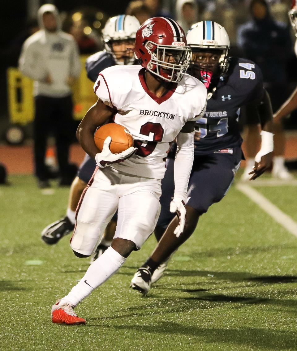 Brockton's Michael Victor runs the football during a game against Franklin on Friday, September 16, 2022. The Boxers lost, 37-6.