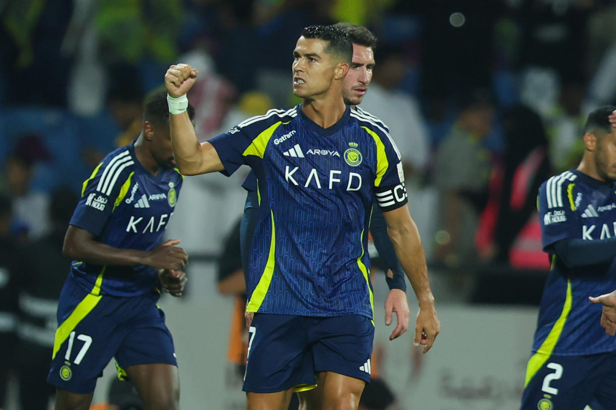 ABHA, SAUDI ARABIA - AUGUST 17: Cristiano Ronaldo of Al Nassr celebrates after scoring the 1st goal during the Saudi Super Cup Final match between  Al Nassr and Al Hilal at Prince Sultan bin Abdul Aziz Stadium on August 17, 2024 in Abha, Saudi Arabia.  (Photo by Yasser Bakhsh/Getty Images)