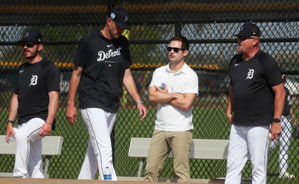 Detroit Tigers President of Baseball Operations Scott Harris watches the action during spring training on Thursday, February 23, 2023.