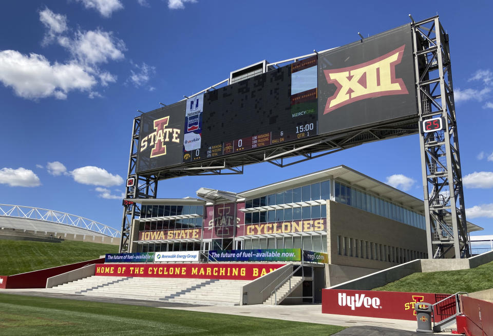 The North end zone scoreboard is shown at Jack Trice Stadium, Wednesday, Sept. 7, 2021, in Ames, Iowa. No. 9 Iowa State is preparing to play what is undeniably the biggest home game in the 129-year history of the program. The top-10 matchup with rival Iowa on Saturday drew ESPN’s popular pregame show, “College GameDay.” (AP Photo/Ralph Russo)