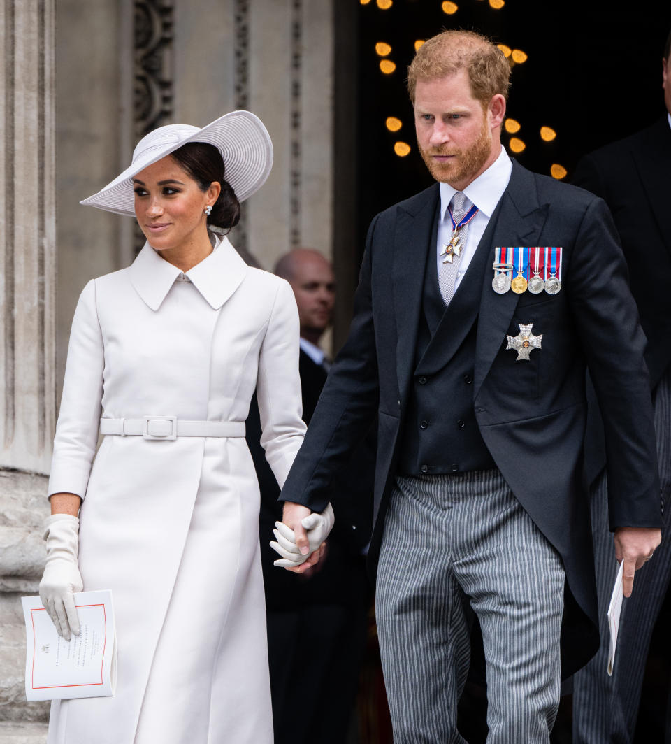 LONDON, ENGLAND - JUNE 03: Meghan, Duchess of Sussex and Prince Harry, Duke of Sussex attend the National Service of Thanksgiving at St Paul's Cathedral on June 03, 2022 in London, England. The Platinum Jubilee of Elizabeth II is being celebrated from June 2 to June 5, 2022, in the UK and Commonwealth to mark the 70th anniversary of the accession of Queen Elizabeth II on 6 February 1952.  on June 03, 2022 in London, England. The Platinum Jubilee of Elizabeth II is being celebrated from June 2 to June 5, 2022, in the UK and Commonwealth to mark the 70th anniversary of the accession of Queen Elizabeth II on 6 February 1952. (Photo by Samir Hussein/WireImage,)