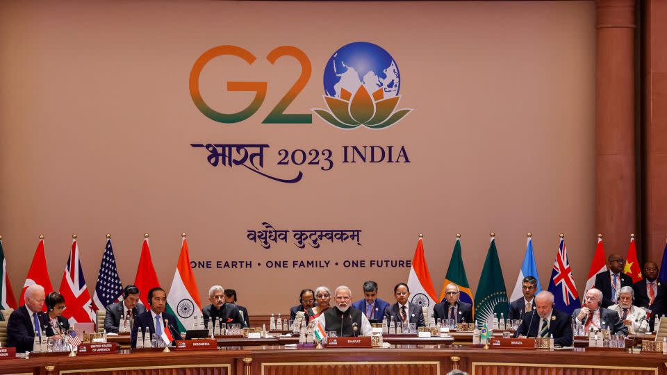 Prime Minister Modi addresses the G20 Leaders' Summit at the Bharat Mandapam in New Delhi on September 9, 2023. - Ludovic Marin/AFP/Getty Images