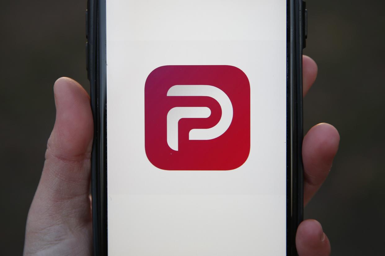 A general view of the Parler app icon displayed on an iPhone.