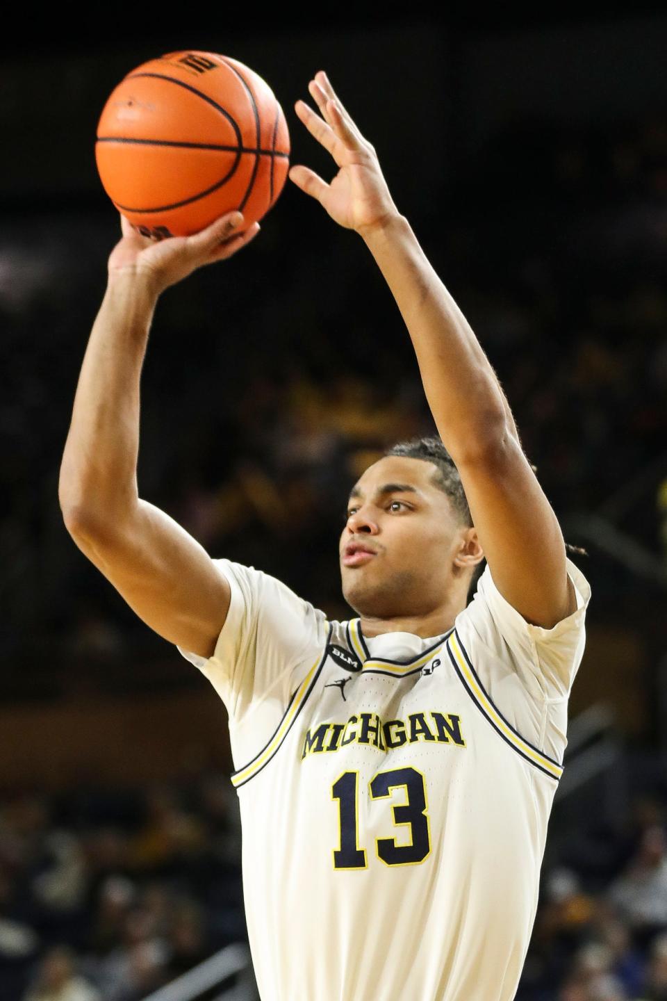 Michigan guard Jett Howard attempts a 3-point basket against Nebraska during the first half on Wednesday, Feb. 8, 2023, at Crisler Center.