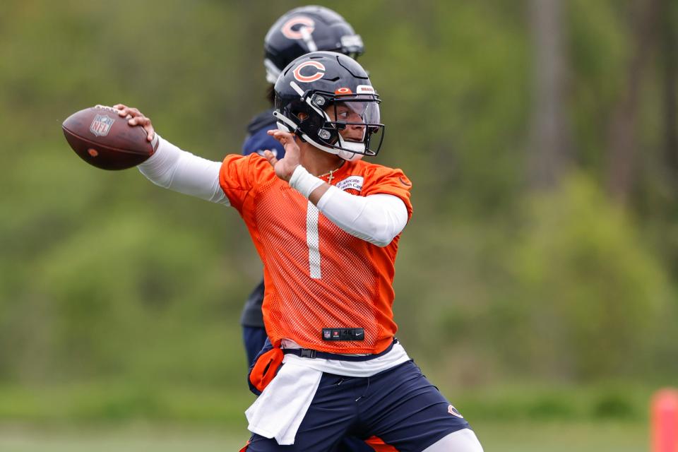 Chicago Bears rookie quarterback Justin Fields works out during rookie minicamp at Halas Hall in Lake Forest, Illinois.