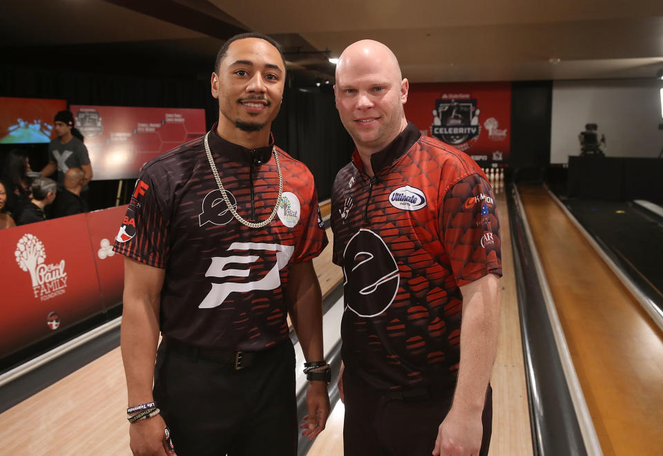 Prob baseball player Mookie Betts and pro bowler Tommy Jones attend the State Farm Chris Paul PBA Celebrity Invitational