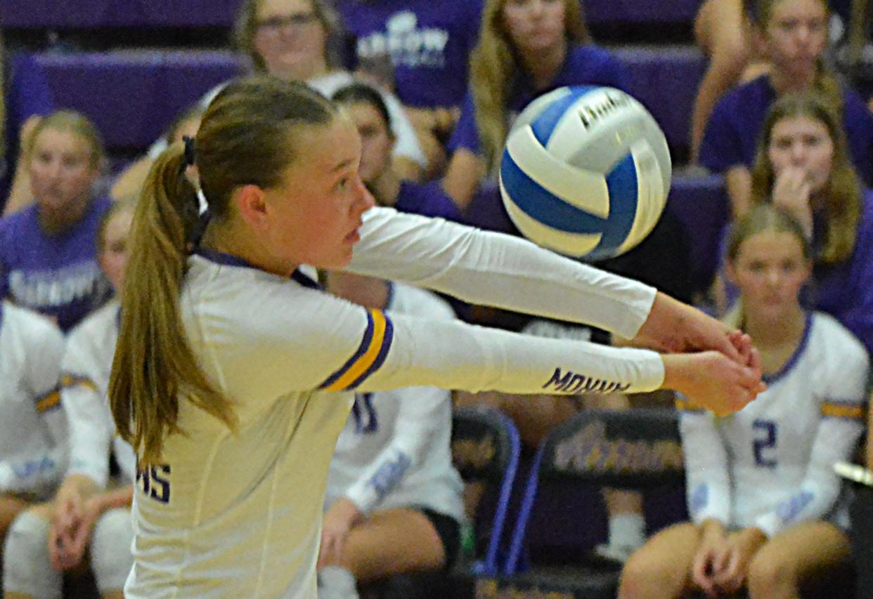 Watertown's Emery Thury makes a dig during an Eastern South Dakota Conference volleyball match against Mitchell on Thursday, Sept. 21, 2023 in the Watertown Civic Arena.