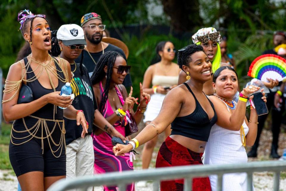 A crowd dances to live music during AFROPUNK music festival at The Urban in the Historic Overtown neighborhood of Miami, Florida, on Saturday, May 21, 2022.