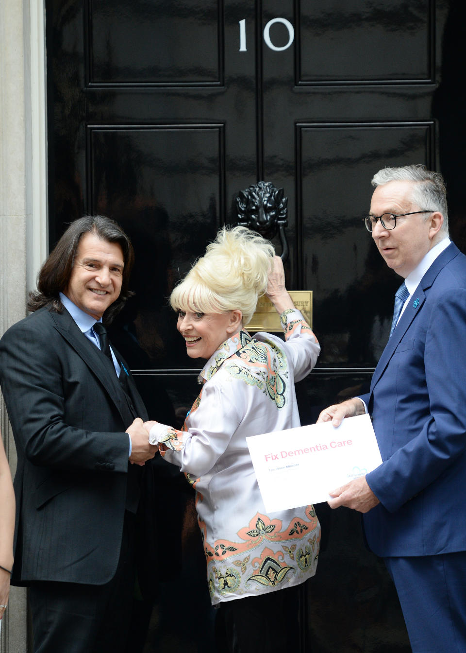 LONDON, ENGLAND - SEPTEMBER 02: Scott Mitchell and Dame Barbara Windsor Alzheimer's Society open letter hand in at 10 Downing Street on September 02, 2019 in London, England. Alzheimer's Society's Fix Dementia Care campaign calls on the Government to provide a long-term funding solution to end the social care crisis. (Photo by Eamonn M. McCormack/Getty Images)