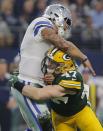 <p>Dallas Cowboys quarterback Dak Prescott (4) is hit by Green Bay Packers inside linebacker Jake Ryan (47) after throwing a pass in the first quarter in the NFL Divisional Playoff game on Sunday, Jan. 15, 2017 in AT&T Stadium in Arlington, Texas. (Rodger Mallison/Fort Worth Star-Telegram/TNS via Getty Images) </p>