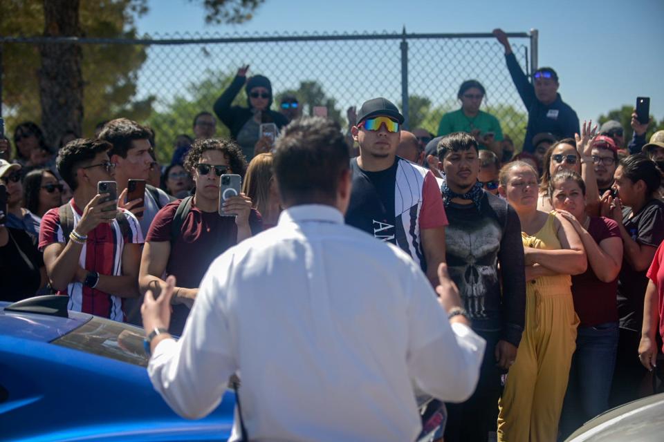 Bel Air High School Principal Jacob Valtierra speaks Thursday, May 26, 2022, to concerned parents and residents about the scare at the campus.