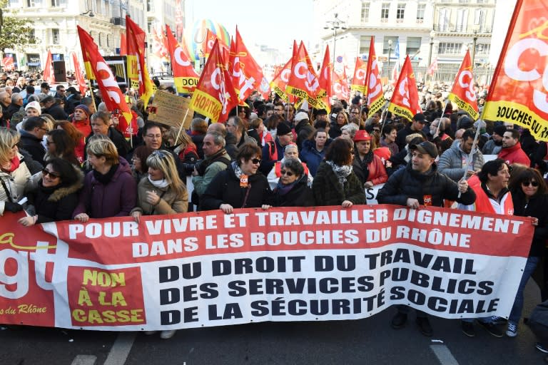 Union protesters at a demonstration in Marseille in southern France as a nationwide strike disrupts public services on Thursday