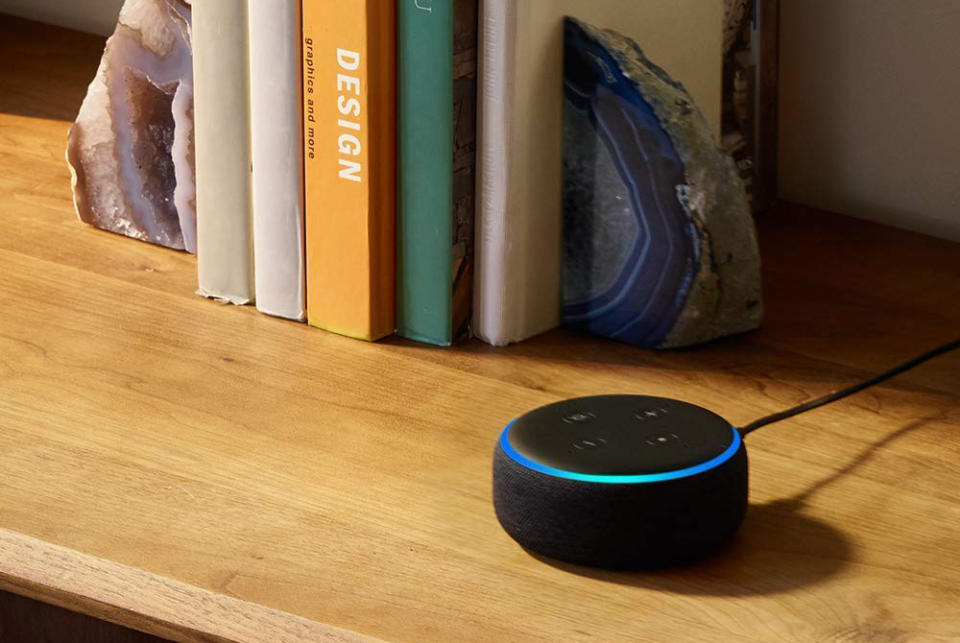 Amazon Echo Dot on a shelf