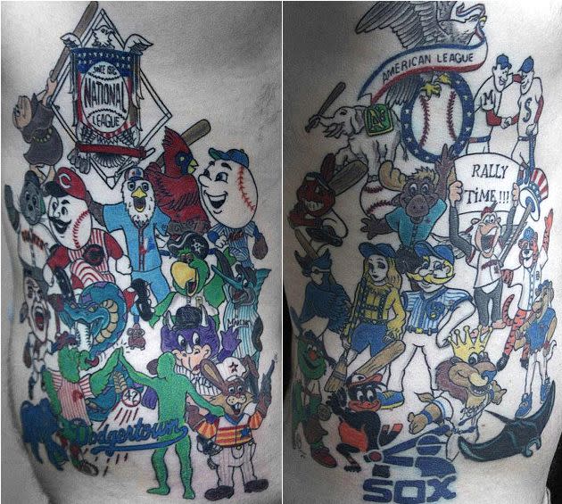 MLB Fan Cave candidate explains the stories behind his 30 MLB mascot tattoos