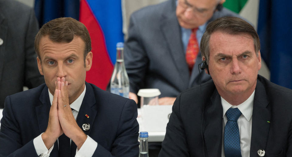 Emmanuel Macron and Jair Bolsonaro shown after feud over the Amazon Rainforest fires in Brazil.