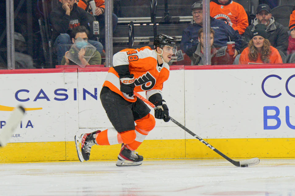 Philadelphia Flyers center Morgan Frost (48) is gaining fantasy value