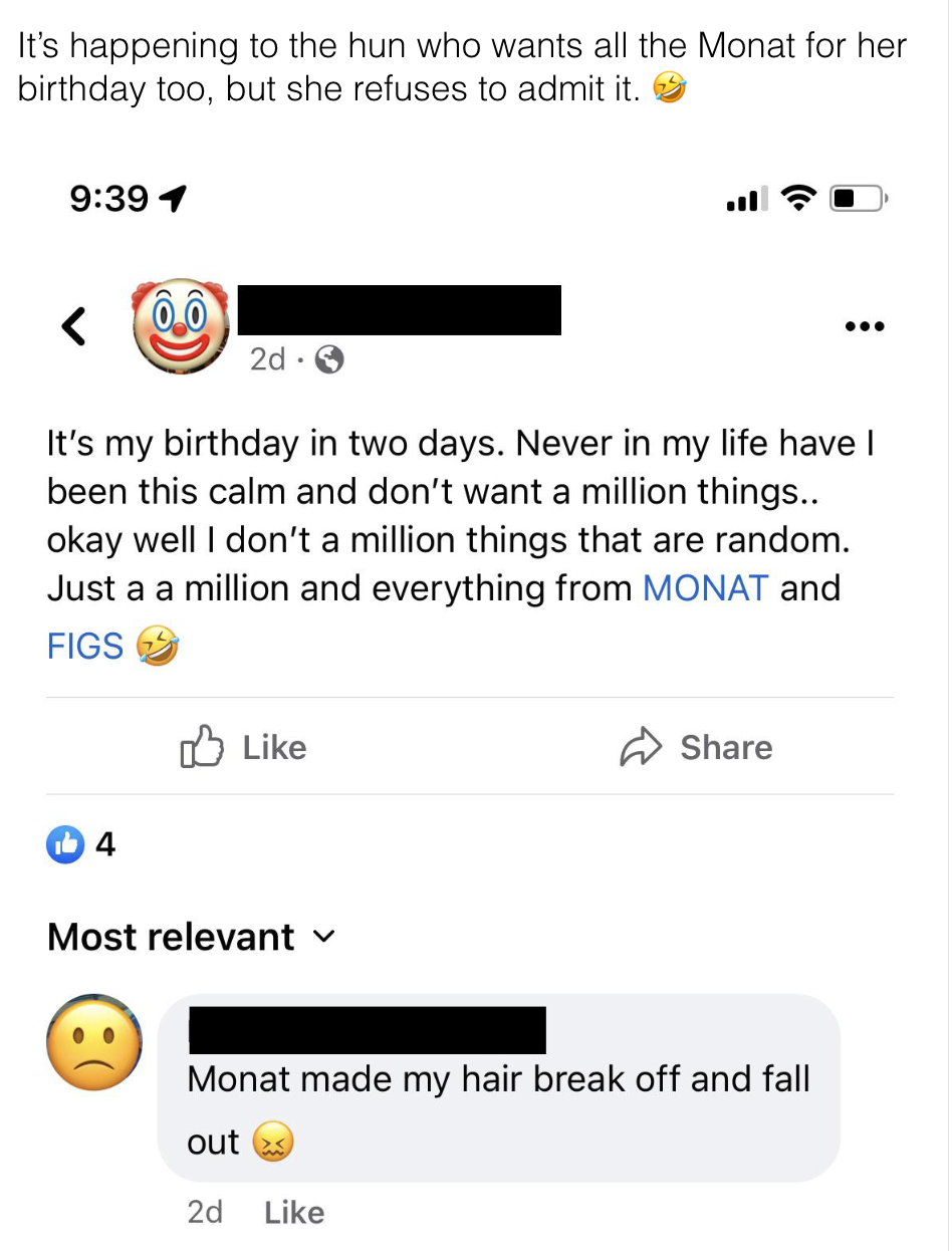 Person says they want everything from Monat and Figs, and someone says "Monat made my hair break off and fall out"