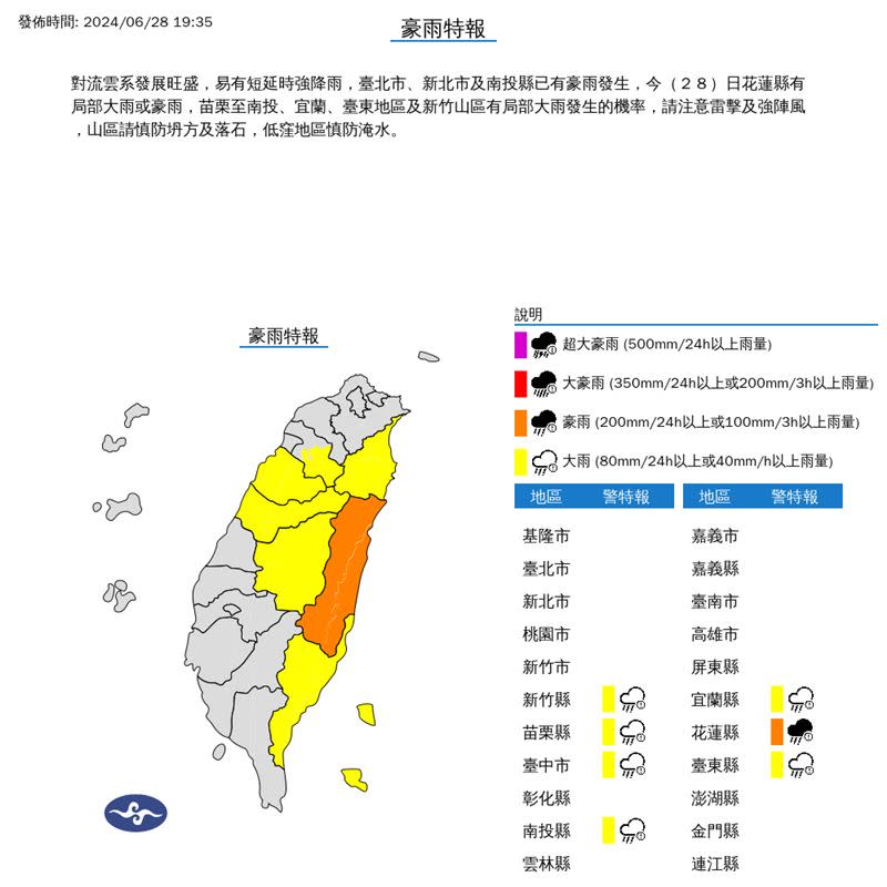 晚間7縣市豪雨、大雨特報。（圖／翻攝自氣象署）