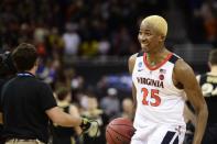 Mar 30, 2019; Louisville, KY, United States; Virginia Cavaliers forward Mamadi Diakite (25) reacts at the end of the second half against the Purdue Boilermakers in the championship game of the south regional of the 2019 NCAA Tournament at KFC Yum Center. Mandatory Credit: Thomas J. Russo-USA TODAY Sports