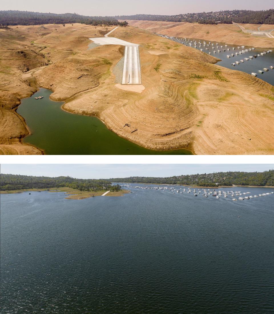 This aerial combination photo created on April 17, 2023, shows a boat ramp completely out of the water at Lake Oroville in Oroville, California, on September 05, 2021 (top) and completely submerged on April 16, 2023 (below). – A very wet winter has left California’s reservoirs looking healthier than they have for years, as near-record rainfall put a big dent in a lengthy drought.<br>A series of atmospheric rivers — high altitude ribbons of moisture — chugged into the western United States, dousing a landscape that had been baked dry by years of below-average rain. (Photo by JOSH EDELSON / AFP) (Photo by JOSH EDELSON/AFP via Getty Images)