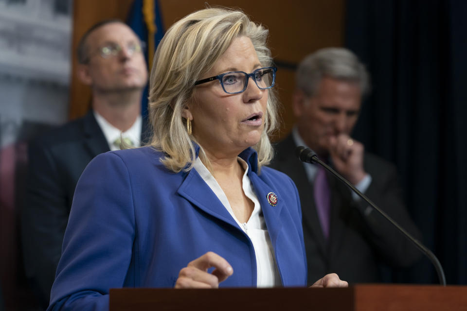 House Republican Conference chair Rep. Liz Cheney, R-Wyo., flanked by Rep. Doug Collins, R-Georgia, the top Republican on the House Judiciary Committee, left, and House Republican Leader Kevin McCarthy, D-Calif., criticizes House Speaker Nancy Pelosi, D-Calif., and the Democrats for launching a formal impeachment inquiry against President Donald Trump, at the Capitol in Washington, Wednesday, Sept. 25, 2019. (AP Photo/J. Scott Applewhite)