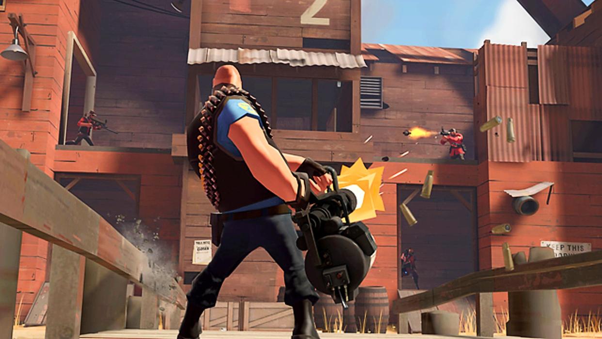  A Team Fortress 2 player uses a machine gun against foes. 
