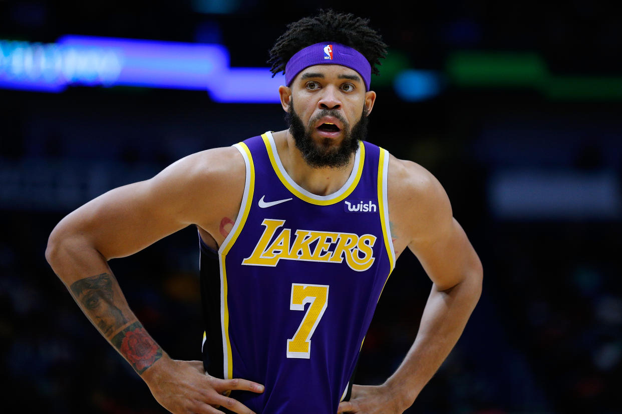 NEW ORLEANS, LOUISIANA - FEBRUARY 23: JaVale McGee #7 of the Los Angeles Lakers reacts during the second half against the New Orleans Pelicans at the Smoothie King Center on February 23, 2019 in New Orleans, Louisiana. NOTE TO USER: User expressly acknowledges and agrees that, by downloading and or using this photograph, User is consenting to the terms and conditions of the Getty Images License Agreement. (Photo by Jonathan Bachman/Getty Images)