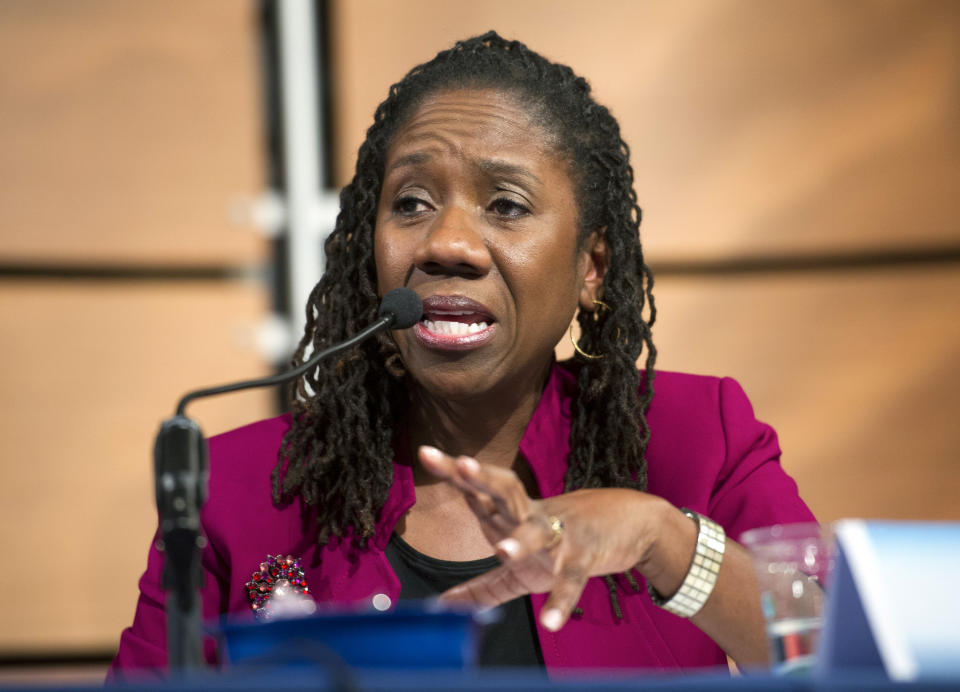 FILE - Sherrilyn Ifill, president and director-counsel, NAACP Legal Defense and Education Fund, speaks at the President's Task Force on 21 Century Policing, Jan. 13, 2015, at the Newseum in Washington. President Joe Biden has already narrowed the field for his first U.S. Supreme Court pick. One potential nominee is Ifill. She is a deeply respected civil rights attorney who has led the fund since 2013, the second woman to lead the organization. Ifill started her career at the American Civil Liberties Union, then worked on voting rights legislation at the legal defense fund before she joined the faculty at University of Maryland School of Law, where she taught for more than 20 years. (AP Photo/Cliff Owen, File)