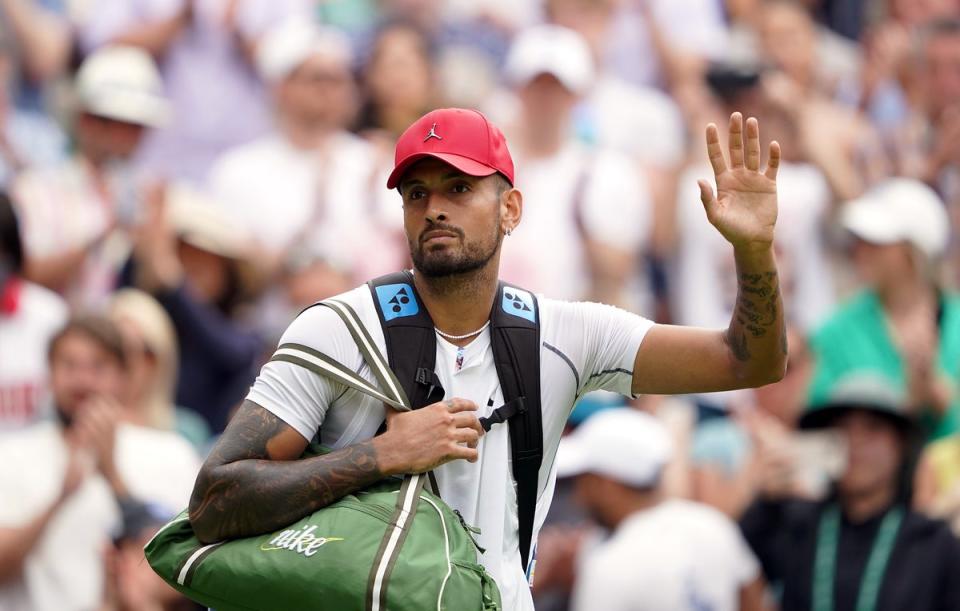 Nick Kyrgios waves to the Centre Court crowd after his victory (Zac Goodwin/PA) (PA Wire)