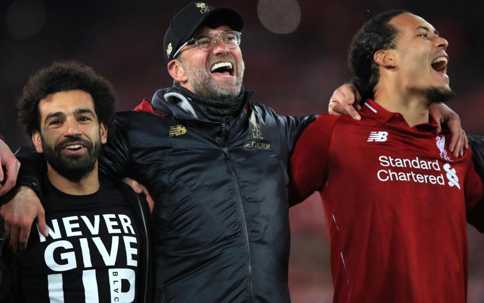 Jurgen Klopp (centre) with Mo Salah and Virgil van Dijk in 2019 – Jurgen Klopp invokes memory of 2019 victory over Barcelona as Liverpool seek Italian miracle