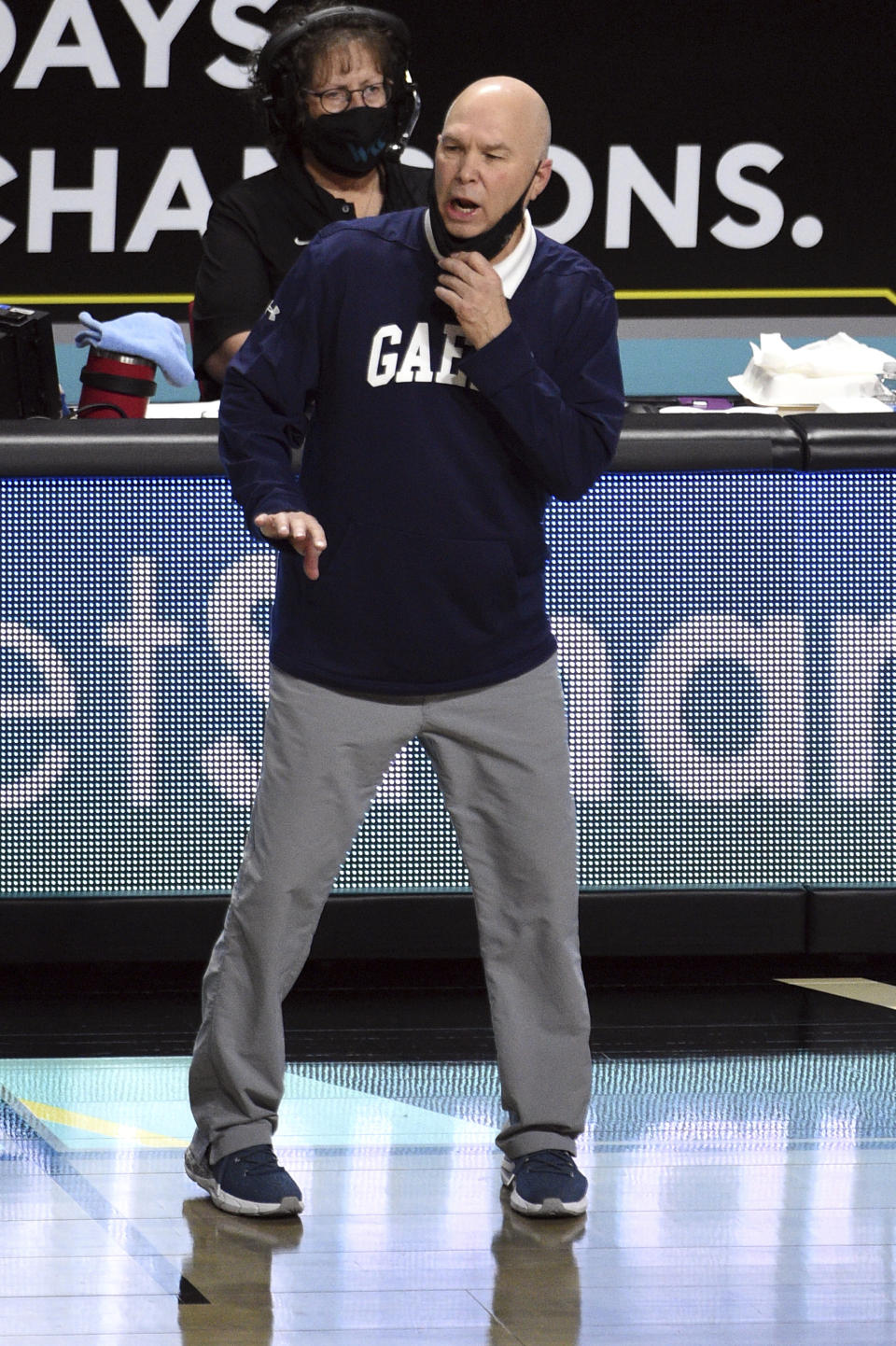 Saint Mary's head coach Randy Bennett calls to his team during the first half of an NCAA semifinal college basketball game against Gonzaga at the West Coast Conference tournament Monday, March 8, 2021, in Las Vegas. (AP Photo/David Becker)