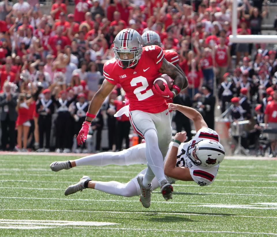 Ohio State Buckeyes wide receiver Emeka Egbuka (2) during the NCAA football game against Arkansas State in Ohio Stadium.