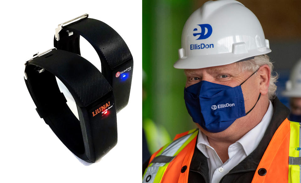 TraceSCAN bands made by Facedrive are shown in a split-screen image with Ontario Premier Doug Ford. (Business Wire/The Canadian Press)