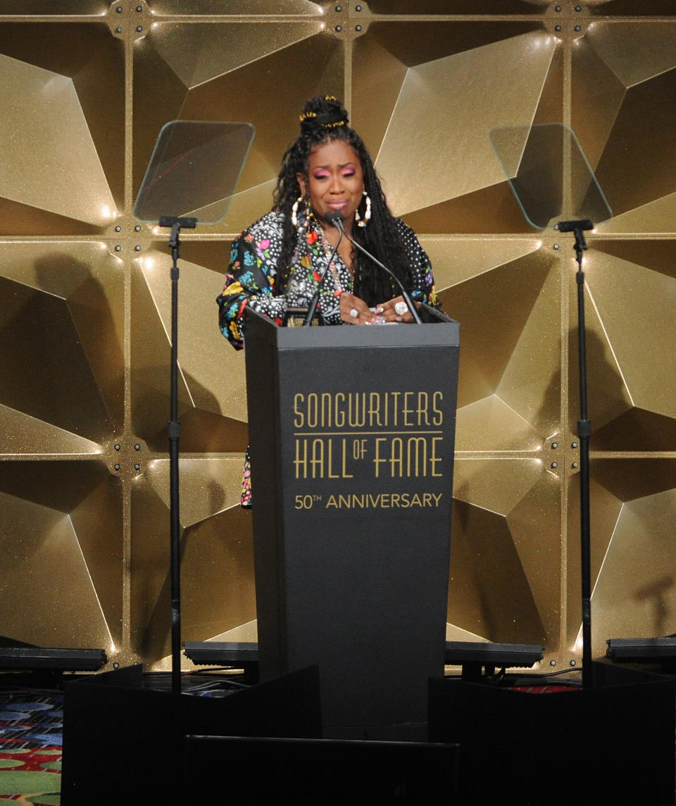 Missy Elliott speaks at the 50th annual Songwriters Hall of Fame induction and awards ceremony at the New York Marriott Marquis Hotel on Thursday, June 13, 2019, in New York. (Photo by Brad Barket/Invision/AP)