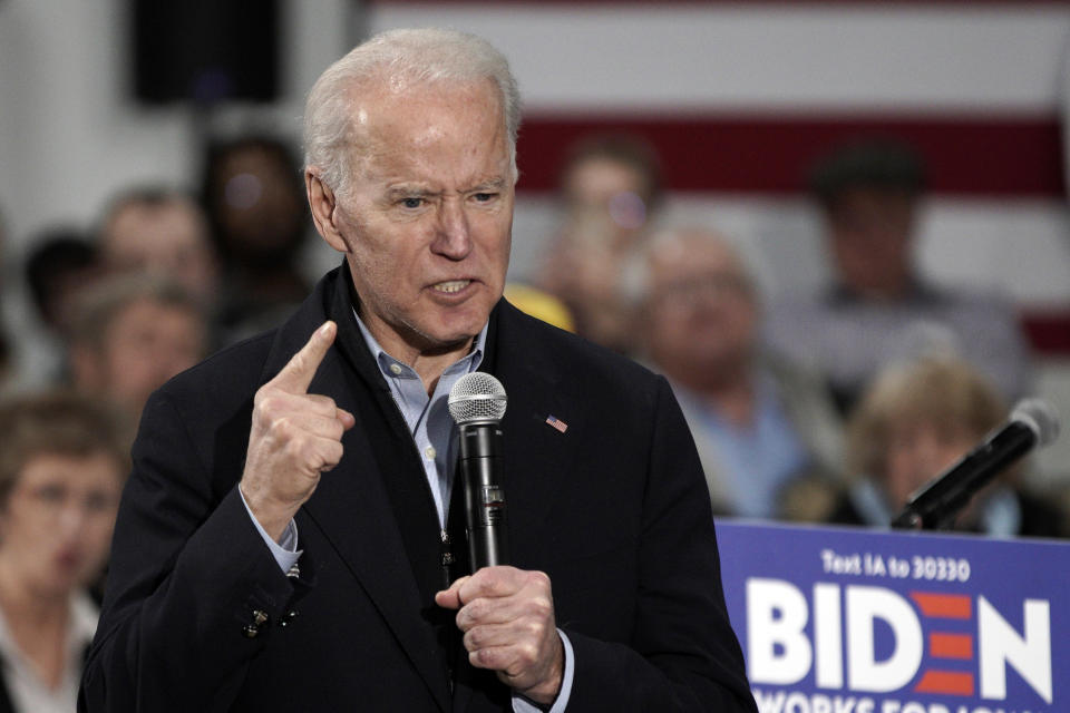 Democratic presidential candidate and former Vice President Joe Biden gestures as he speaks during a campaign stop in Council Bluffs, Iowa, Wednesday, Jan. 29, 2020. (AP Photo/Nati Harnik)