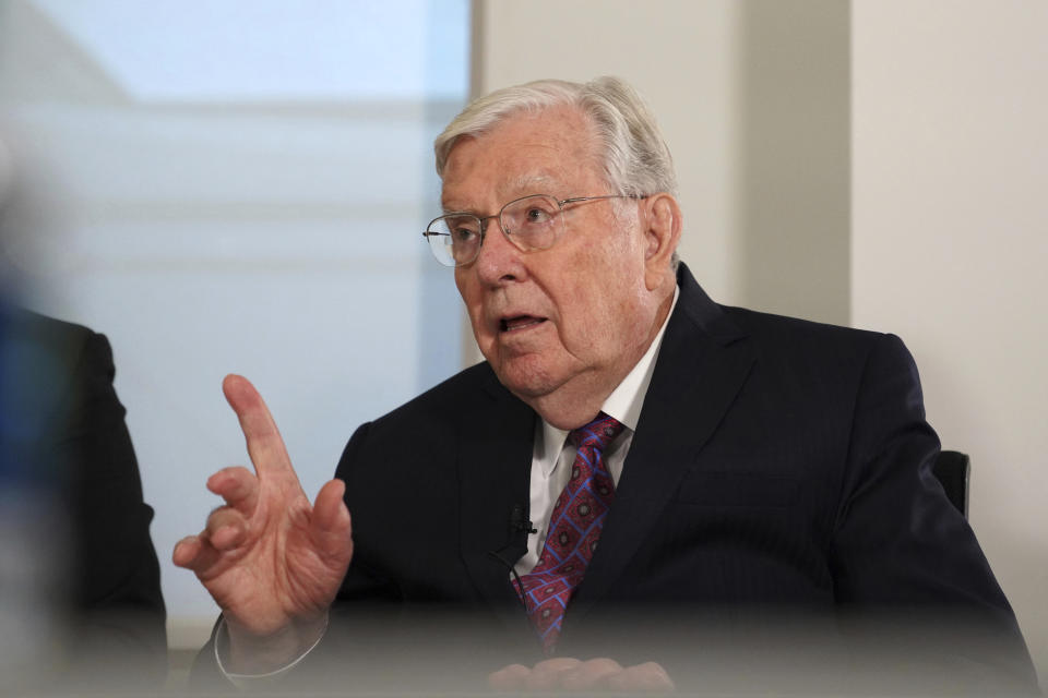FILE - M. Russell Ballard, a senior leader of The Church of Jesus Christ of Latter-day Saints and acting president of the Quorum of Twelve Apostles, speaks during an interview, Nov. 15, 2019, at The Associated Press headquarters in New York. Ballard, one of the highest ranking leaders of The Church of Jesus Christ of Latter-day Saints, died Sunday, Nov. 12, 2023, surrounded by family at his home, according to a church statement Monday morning, Nov. 13. He was 95. (AP Photo/Emily Leshner, File)