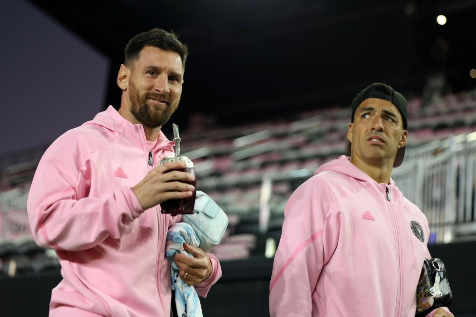 Lionel Messi and Luis Suarez arrive for the 2024 MLS season opening game against Real Salt Lake at Chase Stadium.