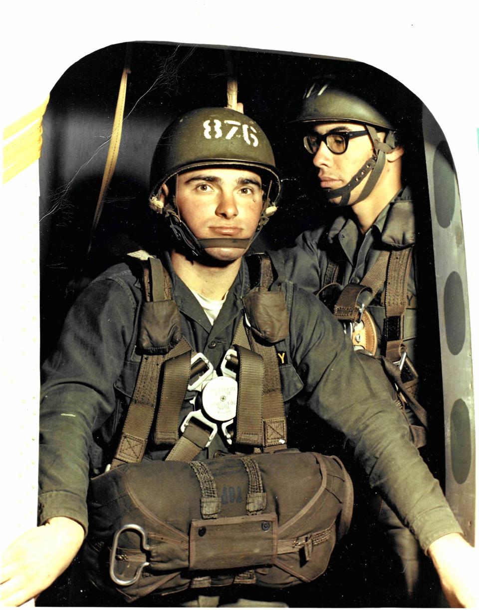 Orlando “Lanni” Cianci stands in the door of a mockup airplane for his jump school photo, Fort Benning, Georgia, in 1968.