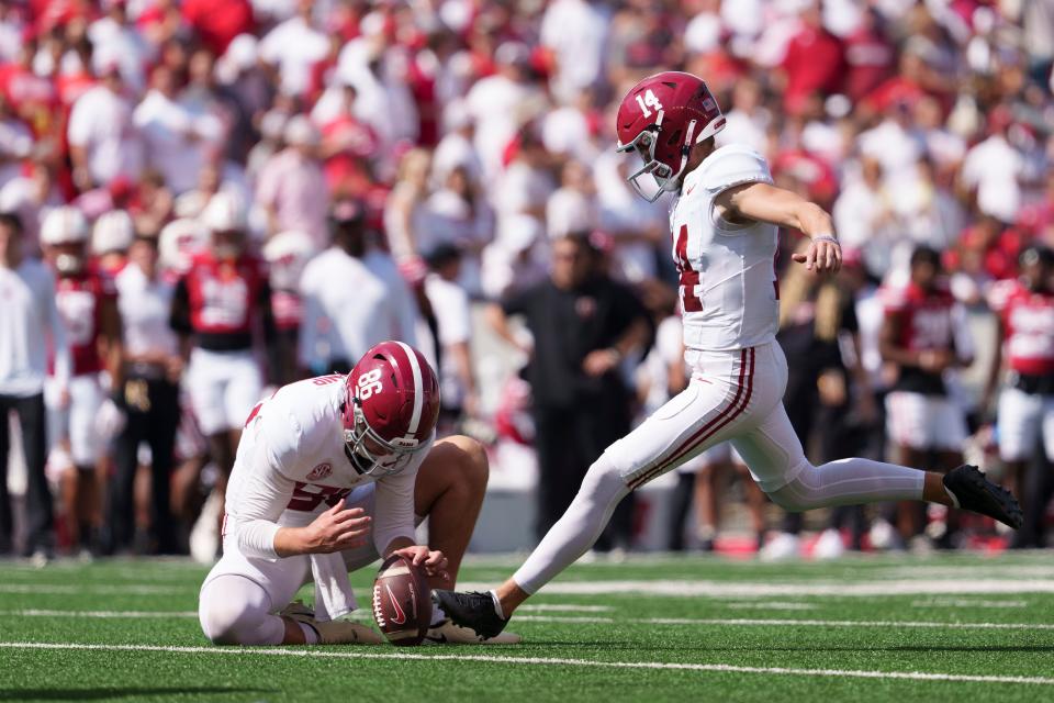 Sep 14, 2024; Madison, Wisconsin, USA; Alabama Crimson Tide place kicker Graham Nicholson (14) during the game against the Wisconsin Badgers at Camp Randall Stadium. Mandatory Credit: Jeff Hanisch-Imagn Images