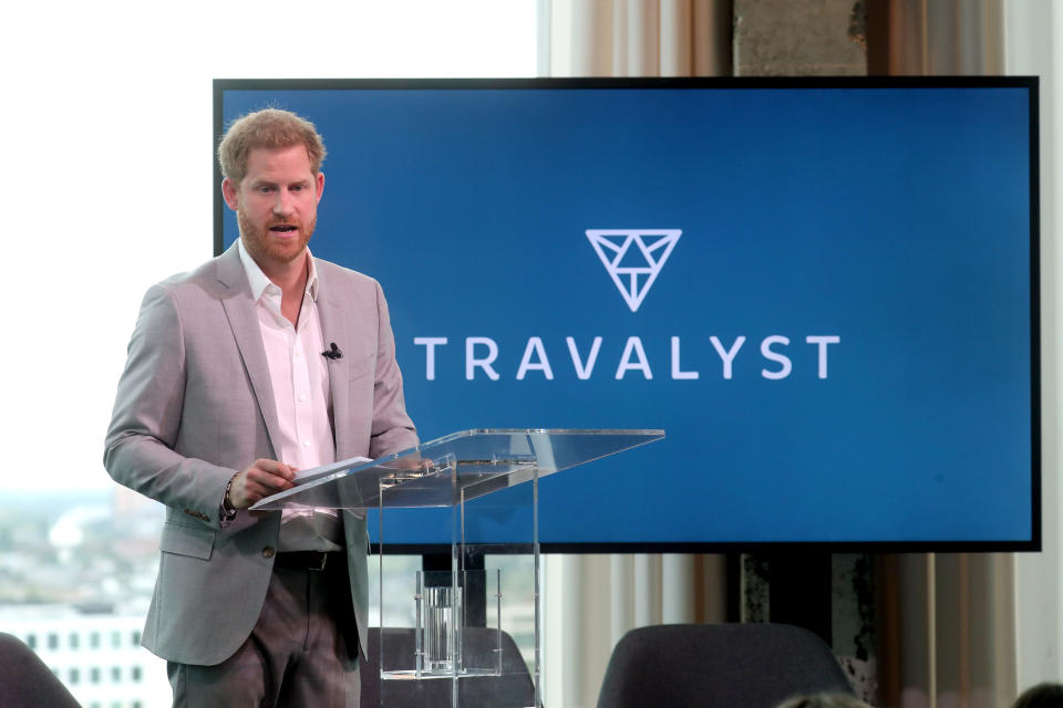 AMSTERDAM, NETHERLANDS - SEPTEMBER 03: Prince Harry, Duke of Sussex announces a partnership between Booking.com, SkyScanner, CTrip, TripAdvisor and Visa called 'Travalyst' at A'dam Tower on September 03, 2019 in Amsterdam, Netherlands. The initiative is to help transform the travel industry to better protect tourist destinations. (Photo by Chris Jackson/Getty Images)