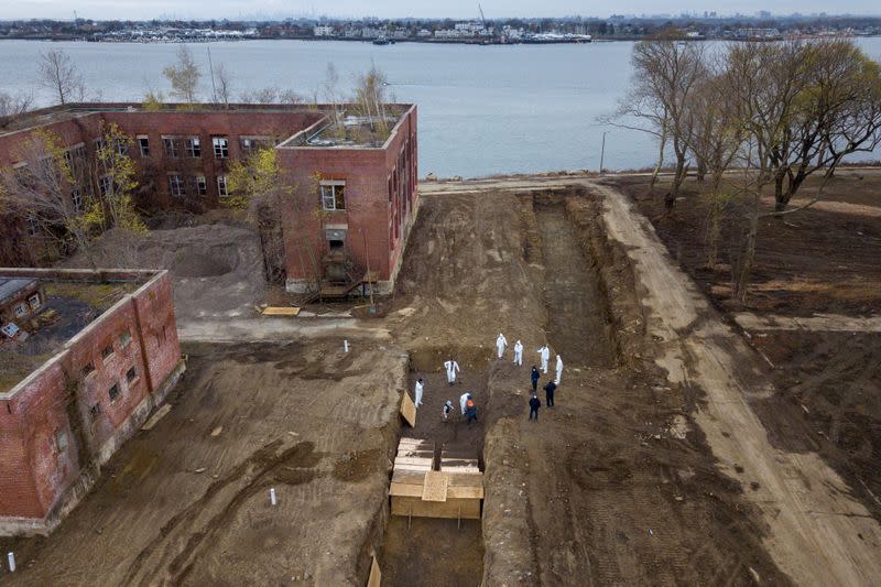Drone pictures show bodies being buried on New York's Hart Island amid the coronavirus disease (COVID-19) outbreak in New York City