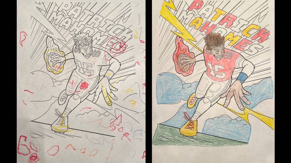 Easton Haefele, age 2, and Gavin Vansandt, age 9, show their takes on The Star’s Patrick Mahomes coloring sheet. Lindsey Waugh