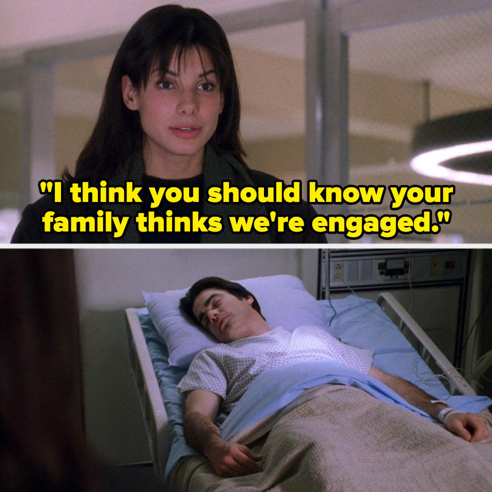 woman talking to a guy sleeping in a hospital bed saying, i think you should know your family thinks we're engaged