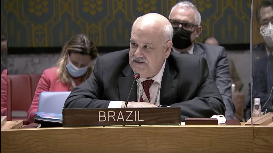 In this image made from UNTV video, Brazil's Ambassador to the United Nations Ronaldo Costa Filho speaks during an emergency U.N. Security Council meeting on Ukraine, at the U.N. headquarters Monday, Feb, 21, 2022. (UNTV via AP)