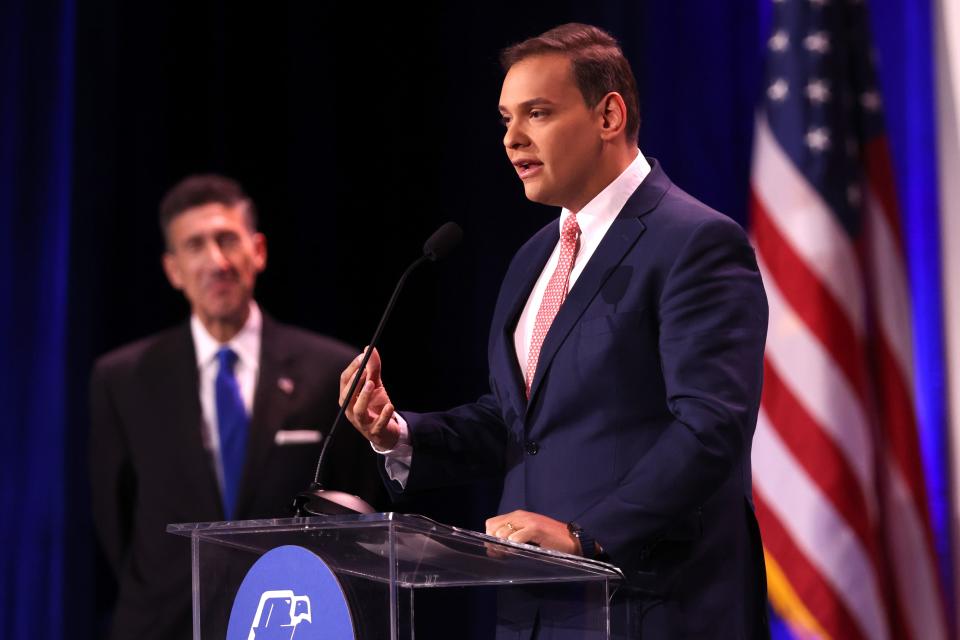 Representative-elect George Santos , R-N.Y., speaks at the Republican Jewish Coalition annual leadership meeting on November 19, 2022 in Las Vegas, Nevada.