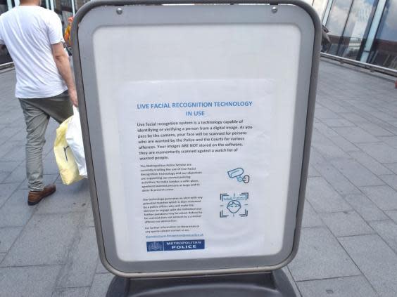 A public information poster displayed during a trial of automatic facial recognition in Stratford, east London (Sian Berry)