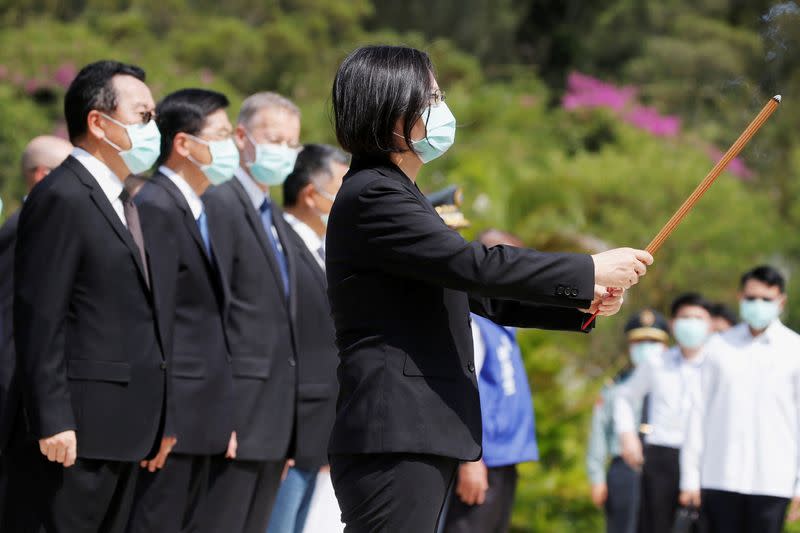 Taiwan's President Tsai Ing-wen pays her respects to the deceased during an event to mark the 62nd anniversary of the Second Taiwan Strait crisis in Kinmen